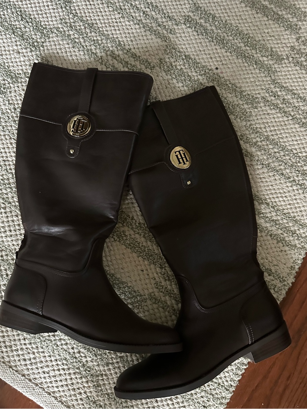 Tommy Hilfiger Tall Brown Leather Riding Boots with Gold Logo